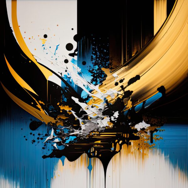 This image is an abstract oil painting of what a generative AI looks like according to MidJourney. Colors of black, blue, gold on a white Canva.